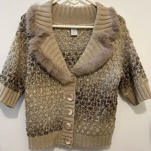 Alberto Makali Fox Fur Trim Cardigan Sweater Shawl Collar Metallic Knit Retro M